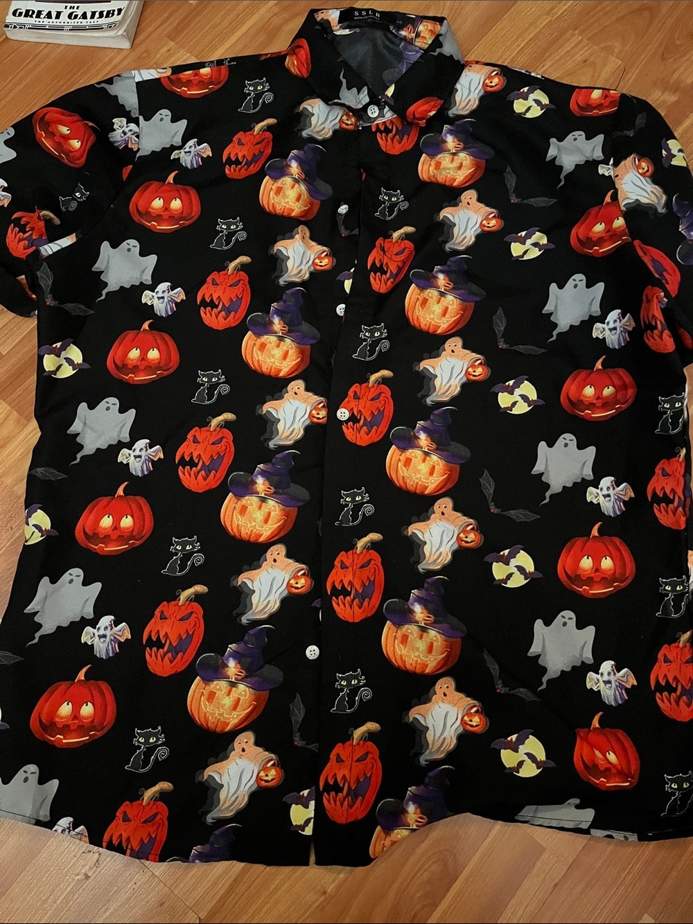 SSLR Men's Halloween Pumpkin & Ghost Button-Up Shirt Size L